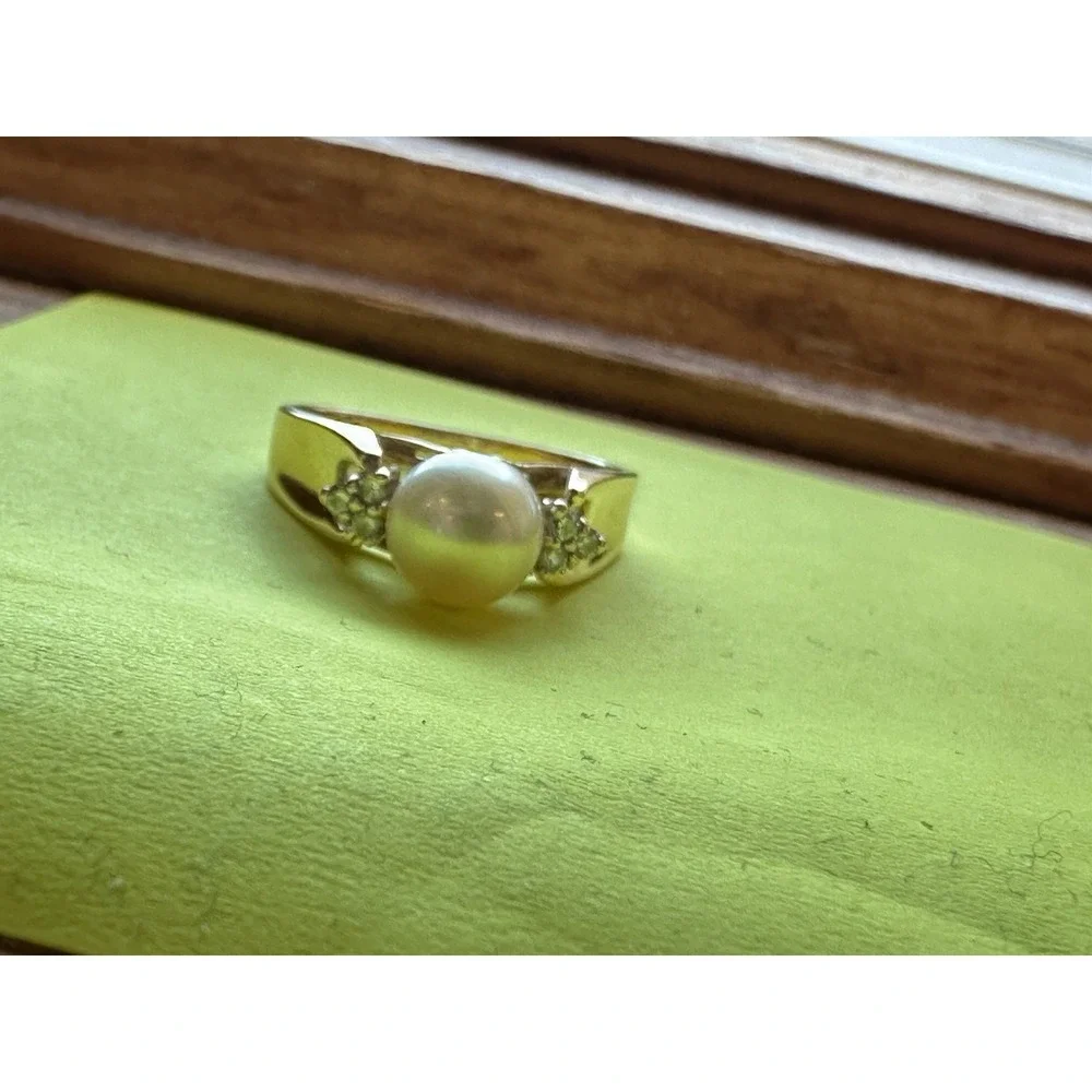 14K Gold Pearl & Diamond Ring Vintage Classic Setting Imprint‎ ADRG Heart size 7